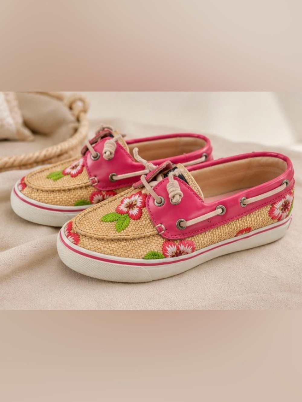 Sperry Pink and Natural Floral Embroidered Moccasins - Picture 2 of 4